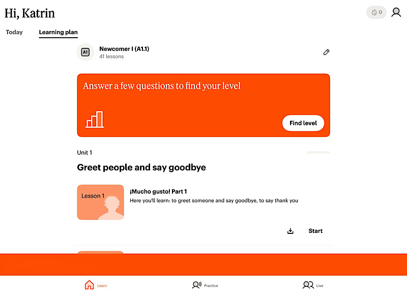 Course overview in the babbel app
