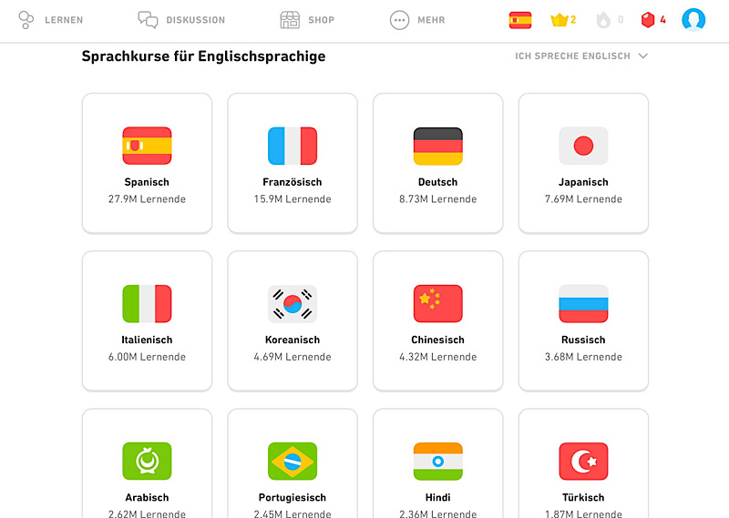 Duolingo Sprachauswahl Englisch im Test
