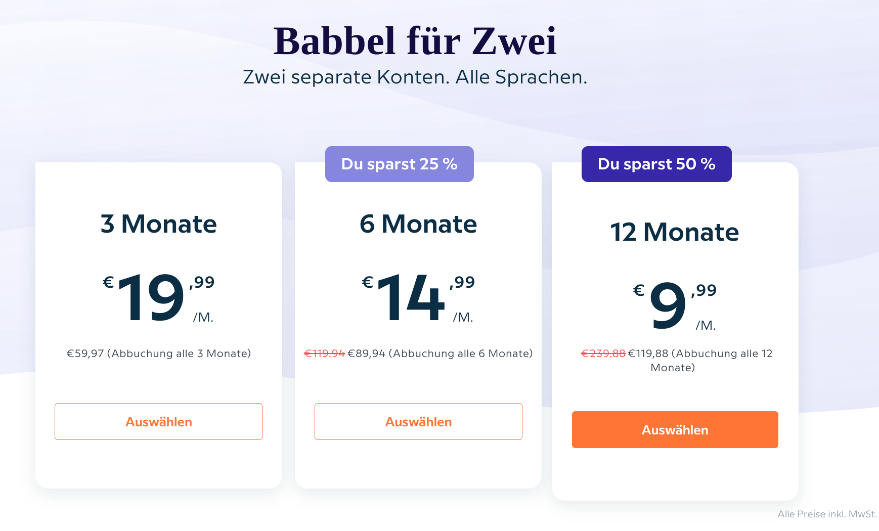 Übersicht der Kosten für Babbel für Zwei