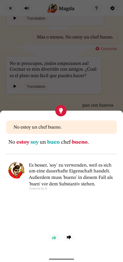 Beispiel einer Korrektur der falschen Formulierung in der Aimigo Coach App